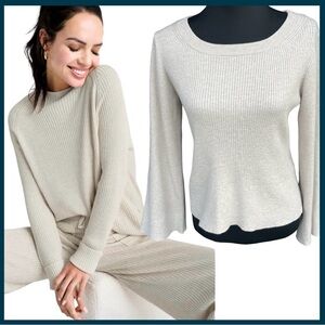 Splendid Oatmeal Ribbed Scoop Neck Slight Bell Sleeve Sweater (S)